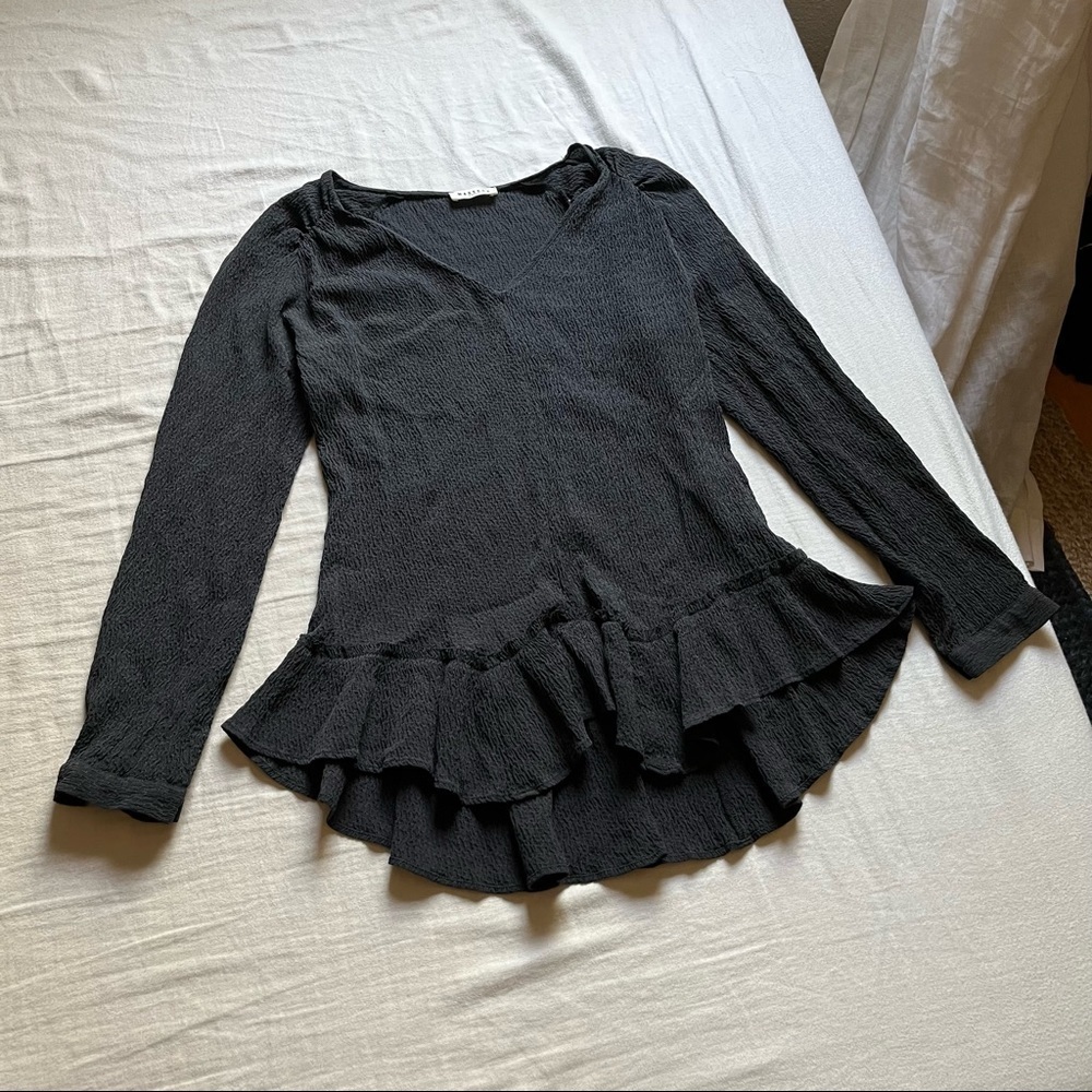 Masscob black silk v neck long‎ sleeve blouse